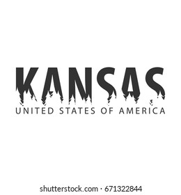 Kansas. USA. United States of America. Text or labels with silhouette of forest