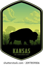 Kansas vector label with buffalo bison and grassland
