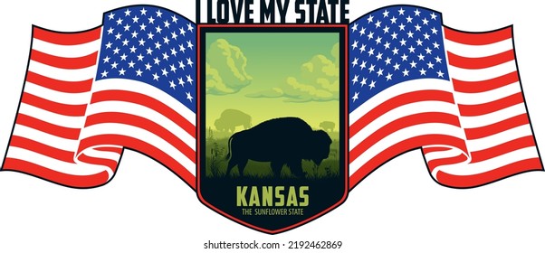 Kansas vector label with buffalo bison on the grassland prairie and flag of the United States