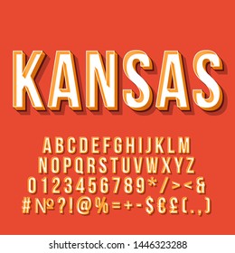 Kansas vintage 3d vector lettering. Retro bold font, typeface. Pop art stylized text. Old school style letters, numbers, symbols, elements pack. 90s, 80s poster, banner. Red color background