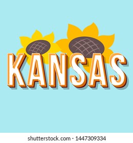 Kansas vintage 3d vector lettering. Retro bold font, typeface. Pop art stylized text. Old school style letters. 90s, 80s poster, banner, t shirt typography design. Sunflowers, arctic color background