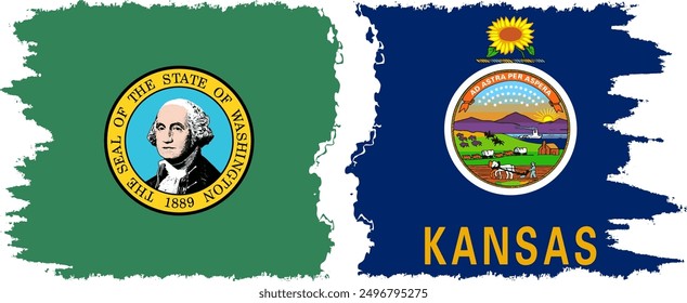 Kansas and Washington states grunge brush flags connection, vector