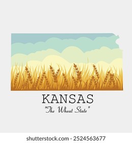 Kansas Wheat State Illustration, Iconic Wheat Field Art of The Wheat State USA	