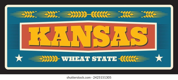 Kansas wheat state metal travel plate , vintage american plaque. Vintage sign for travel destination, retro board with typography and ears of wheat. Topeka capital, Wichita city billboard