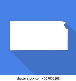 Kansas white map,border flat simple style with long shadow on blue background