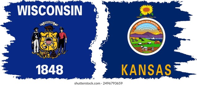 Kansas and Wisconsin states grunge brush flags connection, vector