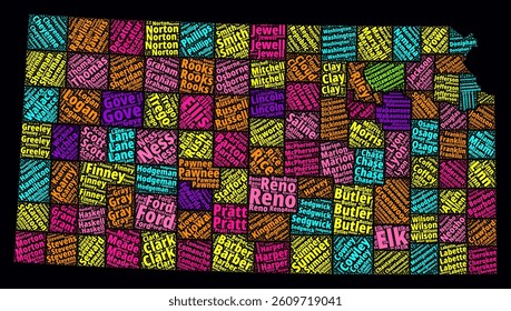Kansas Word Cloud. Bright neon style design on a dark background. Region names text cloud in a boundary shape with administrative division. Amazing vector illustration.