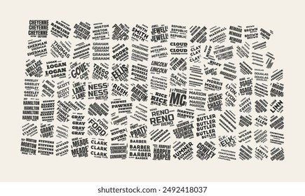 Kansas Word Cloud. State with counties division. Kansas typographic text clouds vector image design. Vintage gazette style state shape image. Amazing vector illustration.