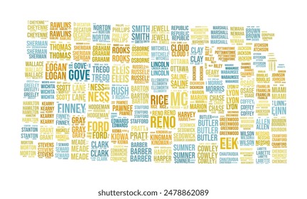 Kansas Word Cloud. State shape with county division. Kansas typography style image. County names tag clouds. Vector illustration.