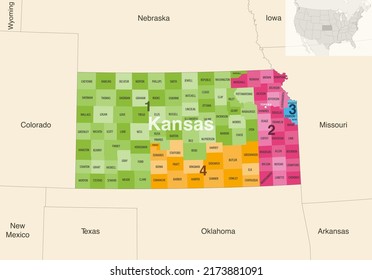 Kansas's congressional districts (2013-2023) vector map with neighbouring states and terrotories