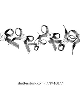 Kant a side framing seamless element in the form of a strip of bows with button in the middle, sketch vector graphics black and white pattern with touches