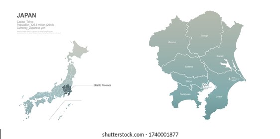 kanto en el mapa de japón. conjunto de mapas vectoriales de las provincias japonesas. 