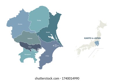 kanto map. tokyo in japan region vector map.