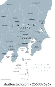 Região japonesa de Kanto, mapa político cinza. Região geográfica da ilha Honshu, incluindo a área da Grande Tóquio, abrangendo as prefeituras de Gunma, Tochigi, Ibaraki, Saitama, Tóquio, Chiba e Kanagawa.