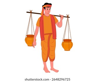 Kanvarias fill the earthen pots with holy ganga water on their shoulders Sawan shivratri kawad yatra vector illustration