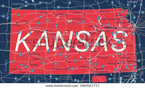 Kanzas state detailed\
editable map with cities and towns, geographic sites, roads,\
railways, interstates and U.S. highways. Vector EPS-10 file,\
trending color scheme