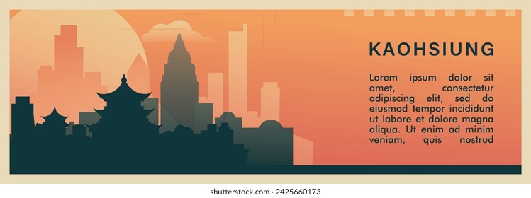 Kaohsiung Stadt Brutalismus Vektor-Banner mit Skyline, Stadtbild. China, Taiwan Metropolitan Retro horizontale Illustration, Reise-Layout für Web-Präsentation, Kopf, Fußzeile