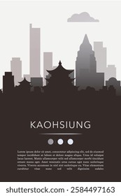 Kaohsiung city template for website, presentation, front page, invitation, publication sheet with skyline, landmarks. Vector Taiwan image layout, simple and grayscale