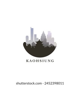Paisaje urbano de Kaohsiung, insignia de Vector degradado, logotipo plano del horizonte, ícono. Idea redonda del emblema de la ciudad de Taiwán con Lugares famosos y siluetas de construcción. Gráfico aislado