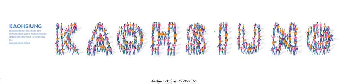 Kaohsiung Isometric Vector Concept, Group of business people are gathered together in the shape of Kaohsiung word, for web page, banner, presentation, social media, Crowd of little people. teamwork