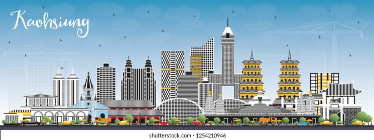 Kaohsiung Taiwan City Skyline with Gray Buildings and Blue Sky. Vector Illustration. Business Travel and Tourism Concept with Historic Architecture. Kaohsiung China Cityscape with Landmarks.