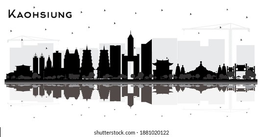 Kaohsiung Taiwan City Skyline Silhouette with Black Buildings and Reflections Isolated on White. Vector Illustration. Tourism Concept with Historic Architecture. Kaohsiung China Cityscape.