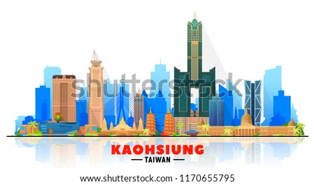 Kaohsiung Taiwan skyline with panorama in sky background. Vector Illustration. Business travel and tourism concept with modern buildings. Image for banner or web site.