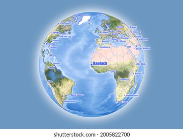 Kaolack-Senegal se muestra en el mapa del globo vectorial. El mapa muestra la ubicación de Kaolack-Senegal en el mundo.