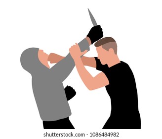 Kapap instructor demonstrates self defense techniques against a knife.Vector