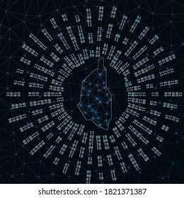 Kapas Island digital map. Binary rays radiating around glowing island. Internet connections and data exchange design. Vector illustration.