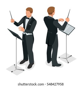 Kapellmeister or Orchestra conductor directing with his baton. Isometric people. 
