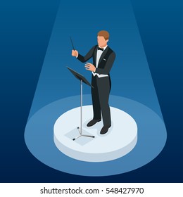 Kapellmeister or Orchestra conductor directing with his baton. Isometric people. 
