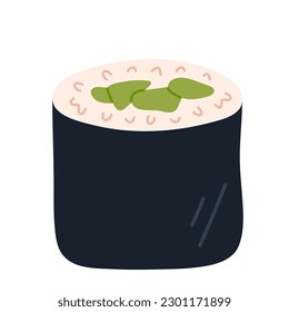 Kappa Maki. Hosomaki sushi roll with with cucumber. Traditional Japanese food. Hand-drawn colored flat vector illustration isolated on white background.