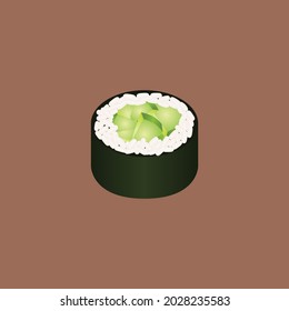 Kappa maki illustration vector, stock vector illustration of a sushi hosomaki, kappa maki, sushi roll, kelp, cucumber, gherkin and rice on brown background, sushi roll, kelp, cucumber and rice on brow