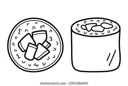 Kappa Maki. Japanese roll with cucumber, rice and seaweed nori. Top and side view. Doodle sketch style. Vector illustration isolated on white background.