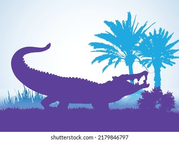 Kaprosuchus Dinosaurs silhouettes in prehistoric environment overlapping layers; decorative background banner abstract vector illustration