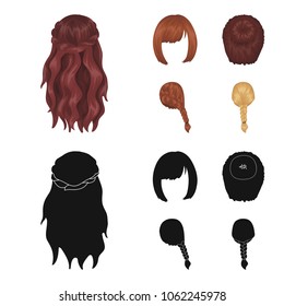 Kara, red braid and other types of hairstyles. Back hairstyle set collection icons in cartoon,black style vector symbol stock illustration web.