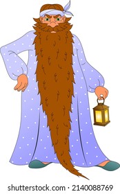 Karabas Barabas is a fairy tale character with a long beard in a nightgown with a band on his head, holding a lantern in his hands