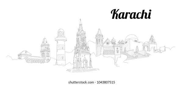 KARACHI city vector panoramic hand drawing illustration