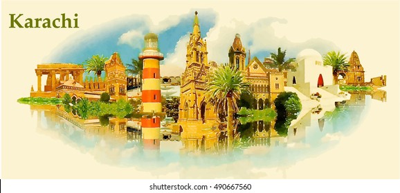 KARACHI city water color vector panoramic illustration