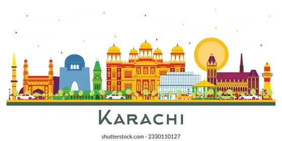 Karachi Pakistan City Skyline with Color Landmarks Isolated on White. Vector Illustration. Business Travel and Tourism Concept with Historic Buildings. Karachi Cityscape with Landmarks.