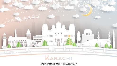Karachi Pakistan City Skyline in Paper Cut Style with Snowflakes, Moon and Neon Garland. Vector Illustration. Christmas and New Year Concept. Santa Claus on Sleigh.
