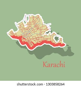 Karachi, Pakistan, colorful sticker map. streets, railways and water. Bright colored landmark shapes. Art print pattern.