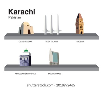 Karachi Pakistan landmarks and historic sites including Quaid Mazar, Teen Talwar, Saddar clocktower, Abdullah Shah Ghazi Mazar, Dolmen Mall Clifton. Illustrative icons vector based pentool