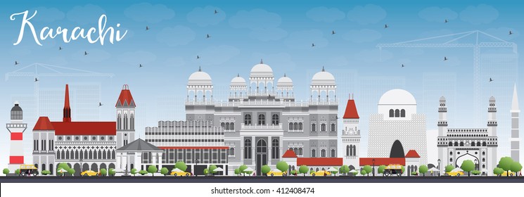 Karachi Skyline with Gray Landmarks and Blue Sky. Vector Illustration. Business Travel and Tourism Concept with Historic Buildings. Image for Presentation Banner Placard and Web Site.