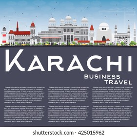 Karachi Skyline with Gray Landmarks, Blue Sky and Copy Space. Vector Illustration. Business Travel and Tourism Concept with Historic Buildings. Image for Presentation Banner Placard and Web Site.