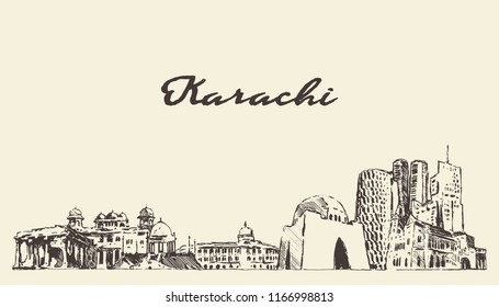 Karachi skyline, Pakistan, hand drawn vector illustration, sketch