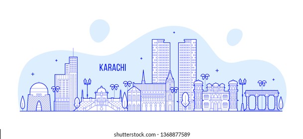 Karachi skyline, Pakistan. This illustration represents the city with its most notable buildings. Vector is fully editable, every object is holistic and movable