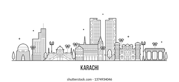 Karachi skyline, Pakistan. This illustration represents the city with its most notable buildings. Vector is fully editable, every object is holistic and movable