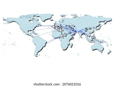 Karachi-Pakistan in concept vector illustration, map showing flights from Karachi-Pakistan to major cities around the world.